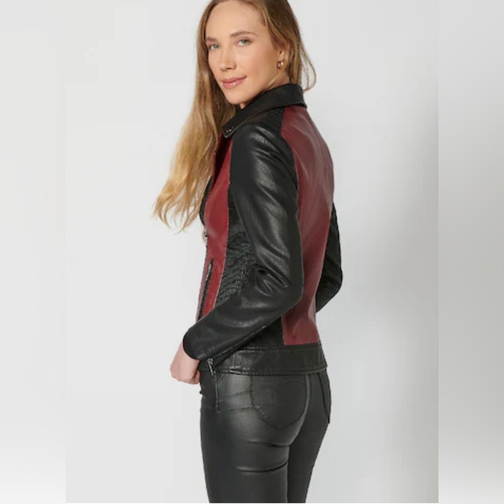 BCBG Black and Burgundy Leather Jacket